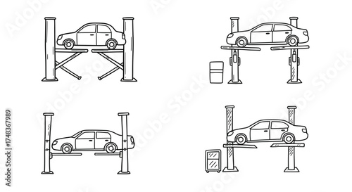 Car lift options: line art illustrations of vehicle maintenance platforms