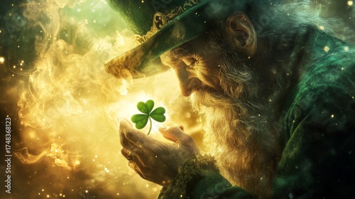 An Elderly Leprechaun Holds A Magical Shamrock