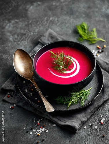 Beet soup with dill cream garnish on dark rustic table