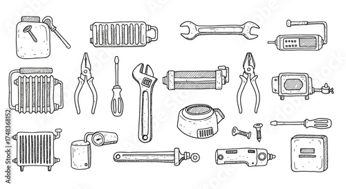 Hand drawn tool set with wrenches, screwdrivers, and pliers in monochrome style