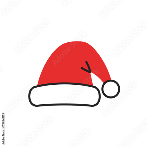 A vibrant and simple cartoon illustration of a traditional red Santa hat with a soft white brim and a fluffy pompom, ideal for cheerful Christmas designs.