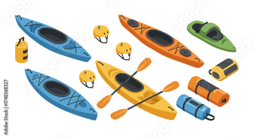 Colorful canoeing equipment collection with kayaks, paddles, and helmets