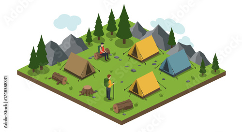 Isometric camping scene with tents and hikers in forested mountain landscape