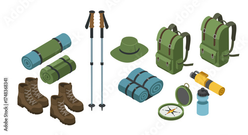Isometric camping equipment: backpacks, gear, hiking poles, boots, and more f…