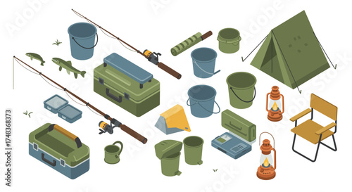 Essential camping gear and fishing equipment in isometric design for outdoor…