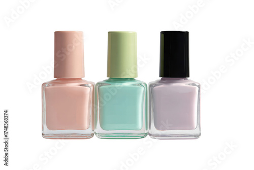 Three bottles of nail polish are lined up on a white background. The bottles are different colors, with one being pink, one being green, and one being purple. The bottles are all clear, png