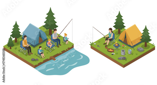 Family camping adventure with fishing by the lake in isometric style
