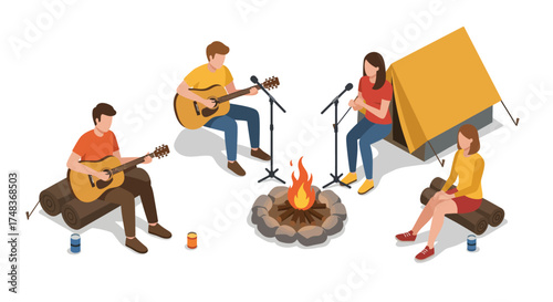 Isometric campfire music jam with acoustic guitars and tent