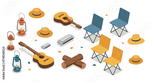 Isometric camping scene with guitars, chairs, lanterns, and hats