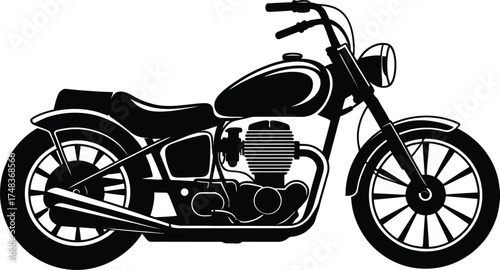 Detailed black motorcycle illustration with classic design on transparent background silhouette