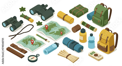 Camping adventure essentials isometric style with gear, maps, and backpacks