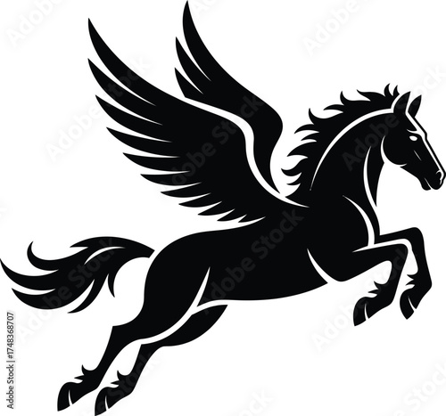Majestic pegasus with spread wings in a dynamic pose on transparent background silhouette