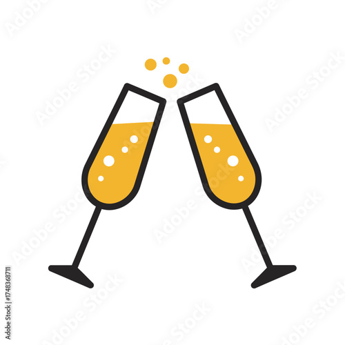 A vibrant, minimalist illustration depicting two elegant champagne flutes clinking together in a cheerful toast, symbolizing celebration, success, and joyful occasions.