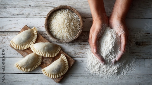 Preparing homemade dumplings with rice on wooden table