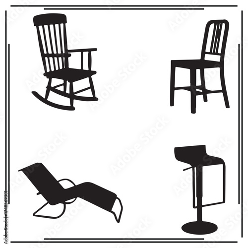 Chair Silhouette Set - Folding, Swivel, Modern, and Barstool Designs, Black Icons for Furniture, Interior Design, 