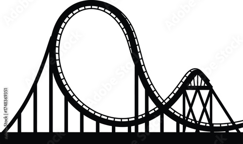 Black roller coaster illustration with looping track on transparent background silhouette