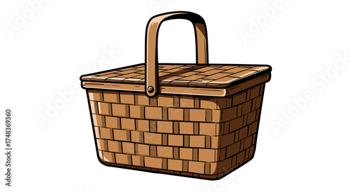 Woven picnic basket with handle on white background in retro comic style