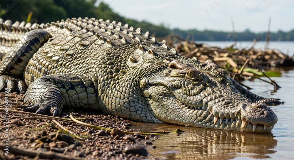 Obraz premium A West African crocodile resting on the shore of a river.