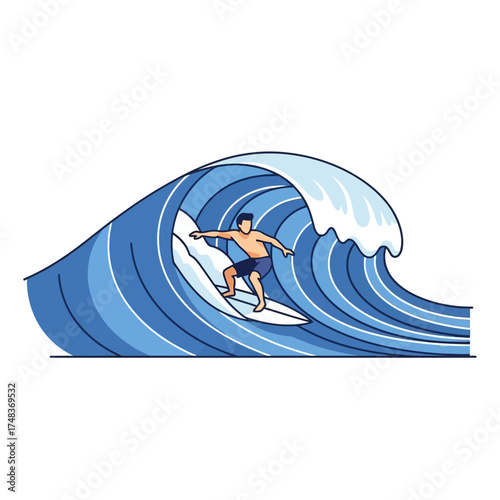 Dynamic surfer skillfully rides a powerful blue ocean wave, capturing the thrill and freedom of extreme water sports adventure.