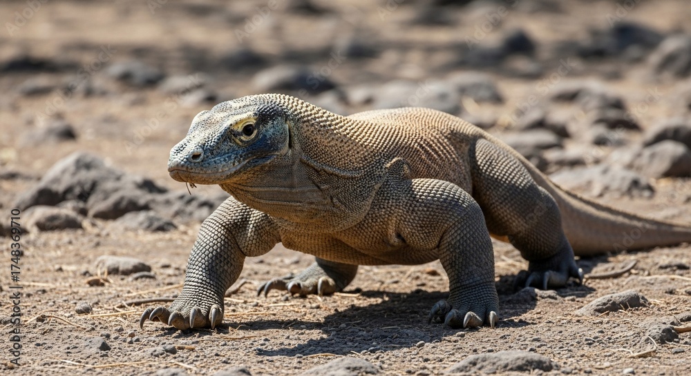 Fototapeta premium Komodo dragon walking on dry ground in Komodo National Park, Indonesia.