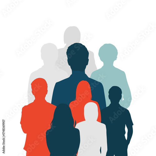 Diverse group of silhouetted individuals standing together representing unity, teamwork, and community in a modern, abstract style.