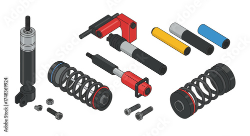Isometric mechanical parts collection: tools, springs, screws, components for…