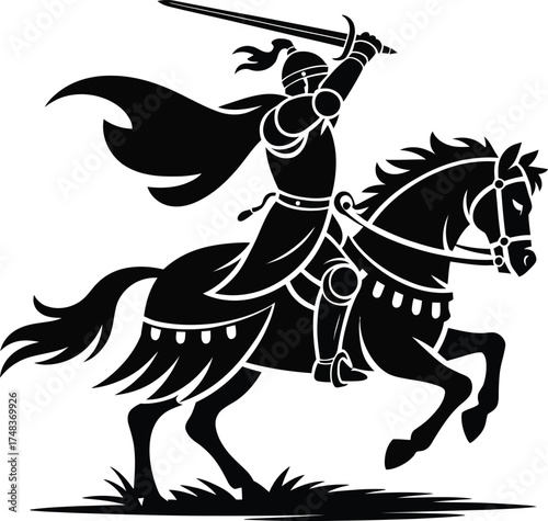 Medieval knight on horseback wielding a sword black color on transparent background silhouette