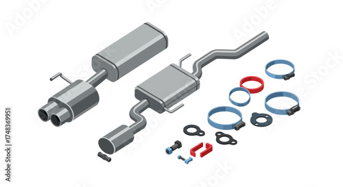 Isometric car exhaust system with clamps and gaskets