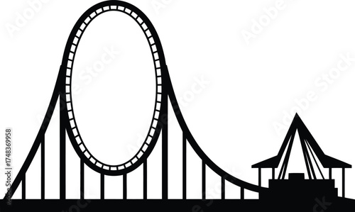 Black roller coaster illustration with looping track on transparent background silhouette