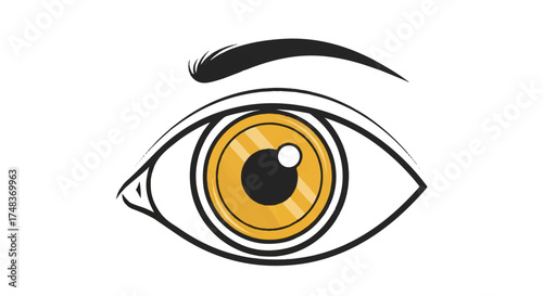 A detailed illustration of a human eye with a yellow iris and black pupil on a white background.