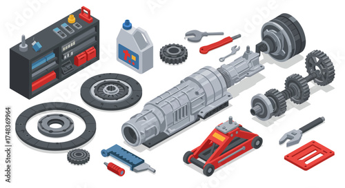 Isometric automotive workshop tools and gear components for mechanical mainte…