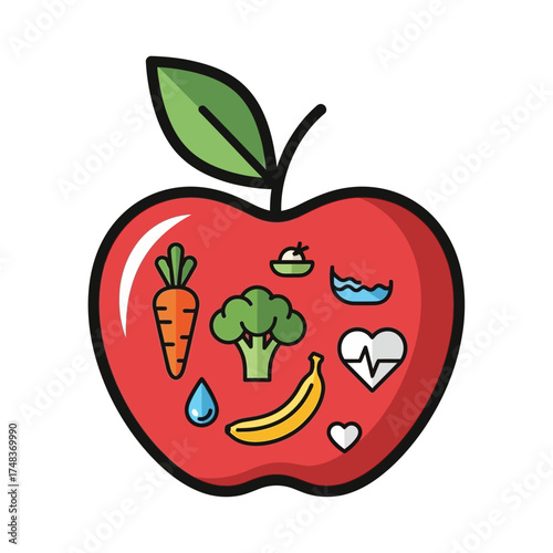 Embrace a vibrant, healthy lifestyle with nutritious foods and wellness symbols beautifully depicted within a juicy red apple, inspiring better choices.