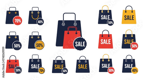 Flat Minimalist Sale Icons – Shopping Bags, Discount Tags, Ribbons, and Price Cut Vector Illustrations