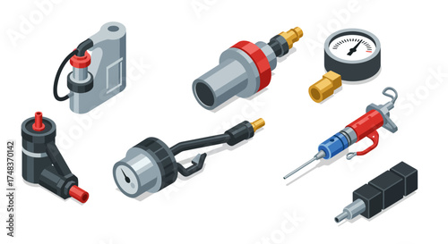Isometric industrial tools and equipment set for engineering projects