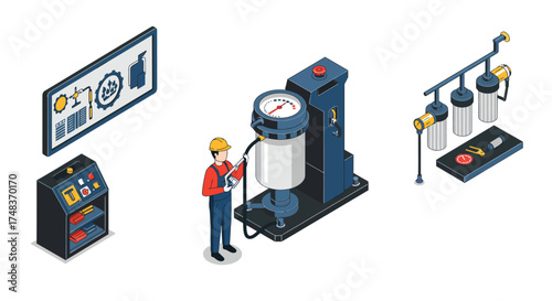 Industrial worker operating machinery in modern factory setting