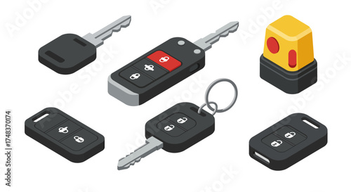 Isometric car key and remote set with alarm button in detailed 3d style