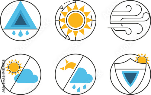 Abstract Geometric Vector Icon Set for Weatherproof, Waterproof, and Climate Protection Themes Using Simple Shapes and Creative Design.