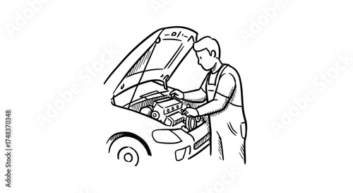 Mechanic checking car engine in hand drawn sketch style
