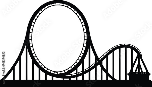 Simple black roller coaster illustration with a circular loop on transparent background silhouette