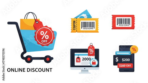 Online Discount Vector Icons – Minimalist Shopping Carts, Coupons, and Checkout Savings in Modern Flat Design