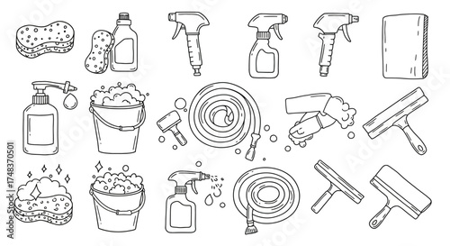 Hand drawn cleaning tools set with sponge, spray bottle, and squeegee icons