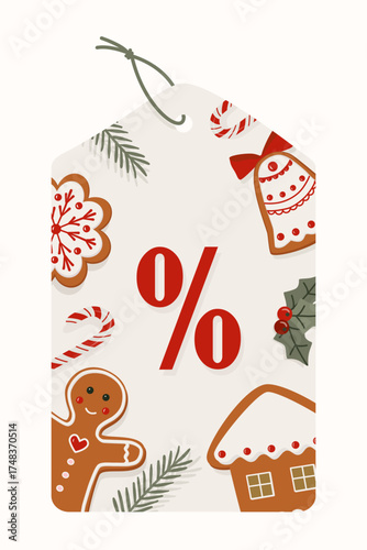 Tag with large 0% discount sign surrounded by  gingerbread. Hand-drawn playful style, vector format, soft beige background. For holiday sales promotions, gift tags, retail labels, e-commerce banners, 