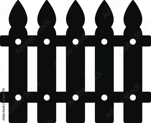 Black picket fence illustration with pointed tops on transparent background silhouette