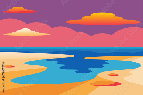 Colorful beach scene with clouds and water view
