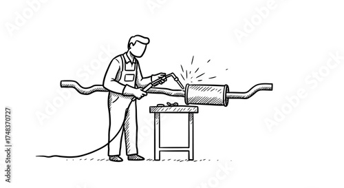 Hand drawn mechanic welding on exhaust pipe in workshop setting