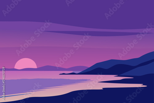 Sunset over the sea with mountains and purple sky