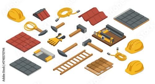 Isometric construction tools and materials set for building projects
