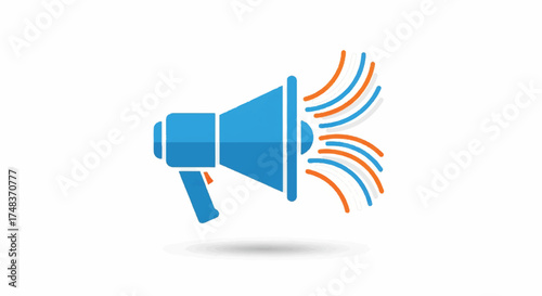 Graphic illustration of a blue megaphone with orange and blue lines emanating from it on a white background.