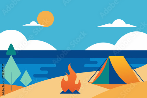Illustration of a camping scene with tent and fire