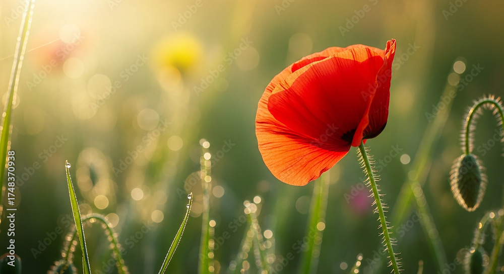 Fototapeta premium Poppy Flower Sunlight Dew Drops Green Field Springtime Floral Meadow Countryside